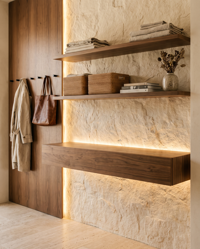 Entryway with floating walnut console shelf, wall hooks and woven storage baskets