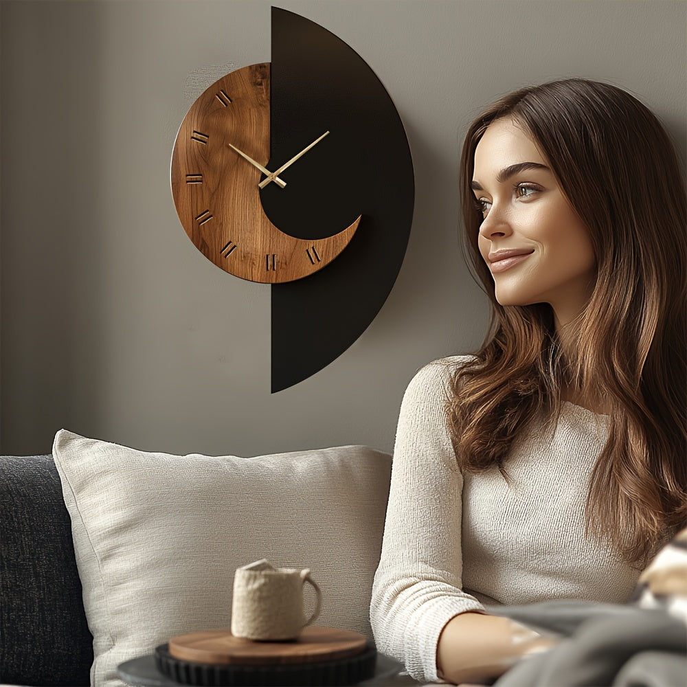 Modern half-moon wooden silent wall clock