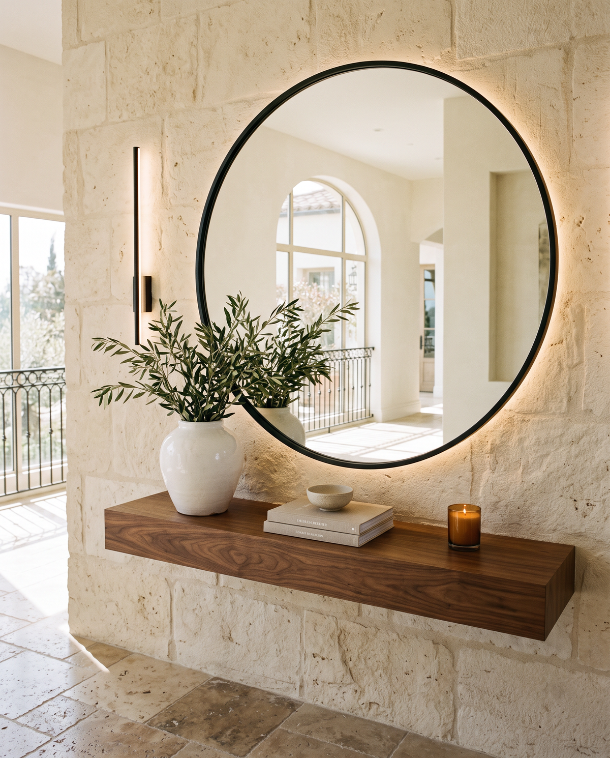 Large round black-framed mirror backlit on a cream stone wall above a walnut console