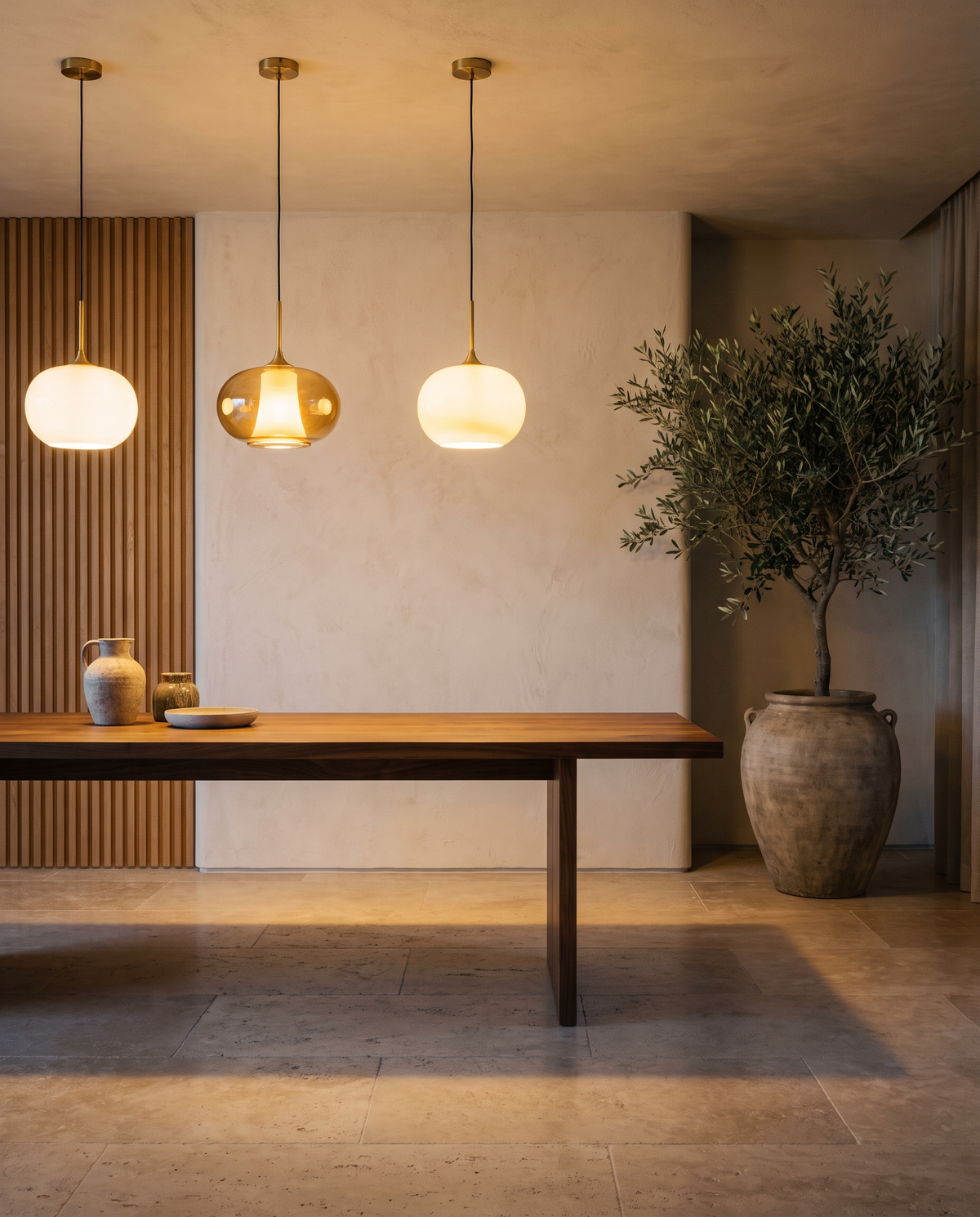 Three amber glass pendant lights glowing above a walnut dining table in a warm Mediterranean interior