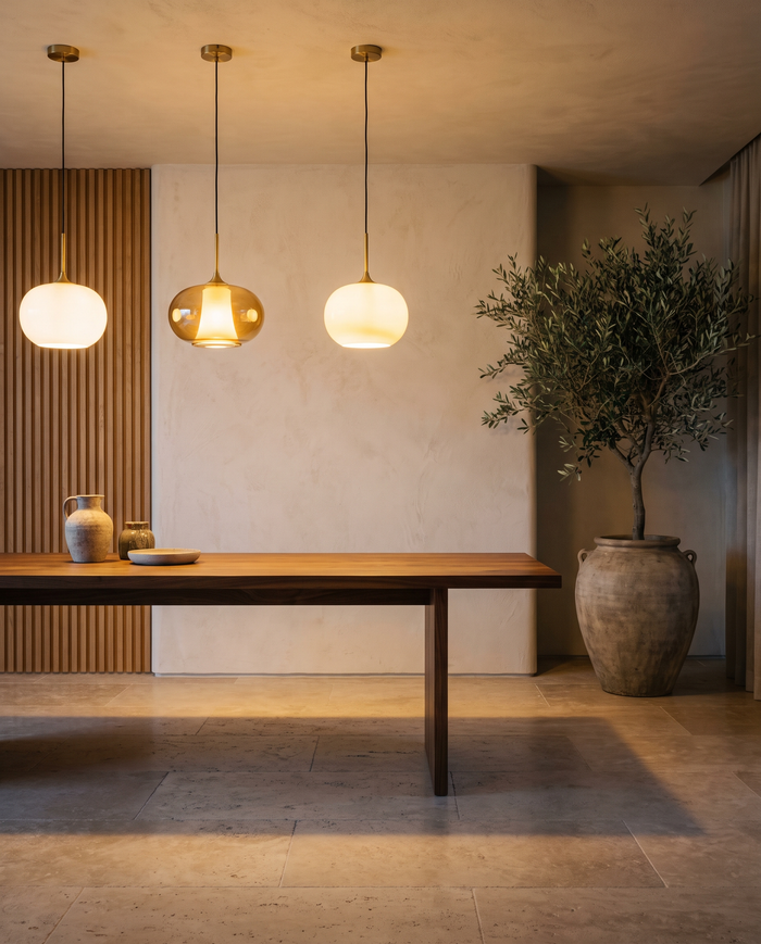 Three amber glass pendant lights glowing above a walnut dining table in a warm Mediterranean interior