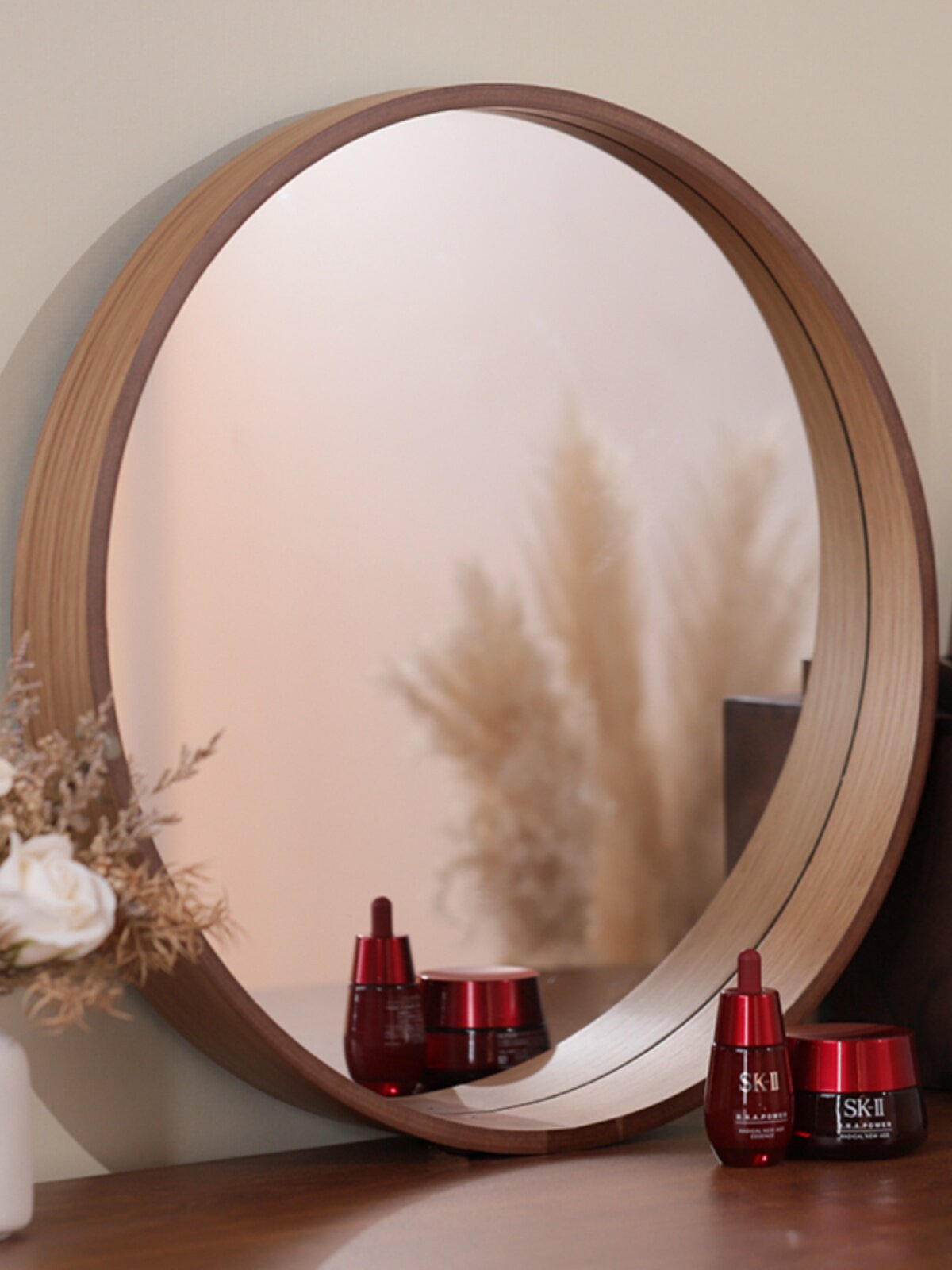 Natural Solid Wood Round Mirror