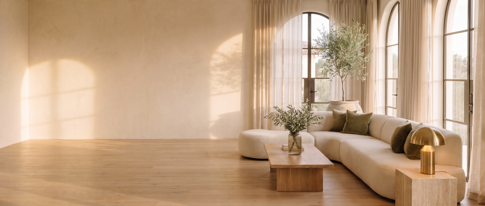 Warm double-height Mediterranean living room at golden hour with a cream bouclé sofa, oak coffee table and an olive tree