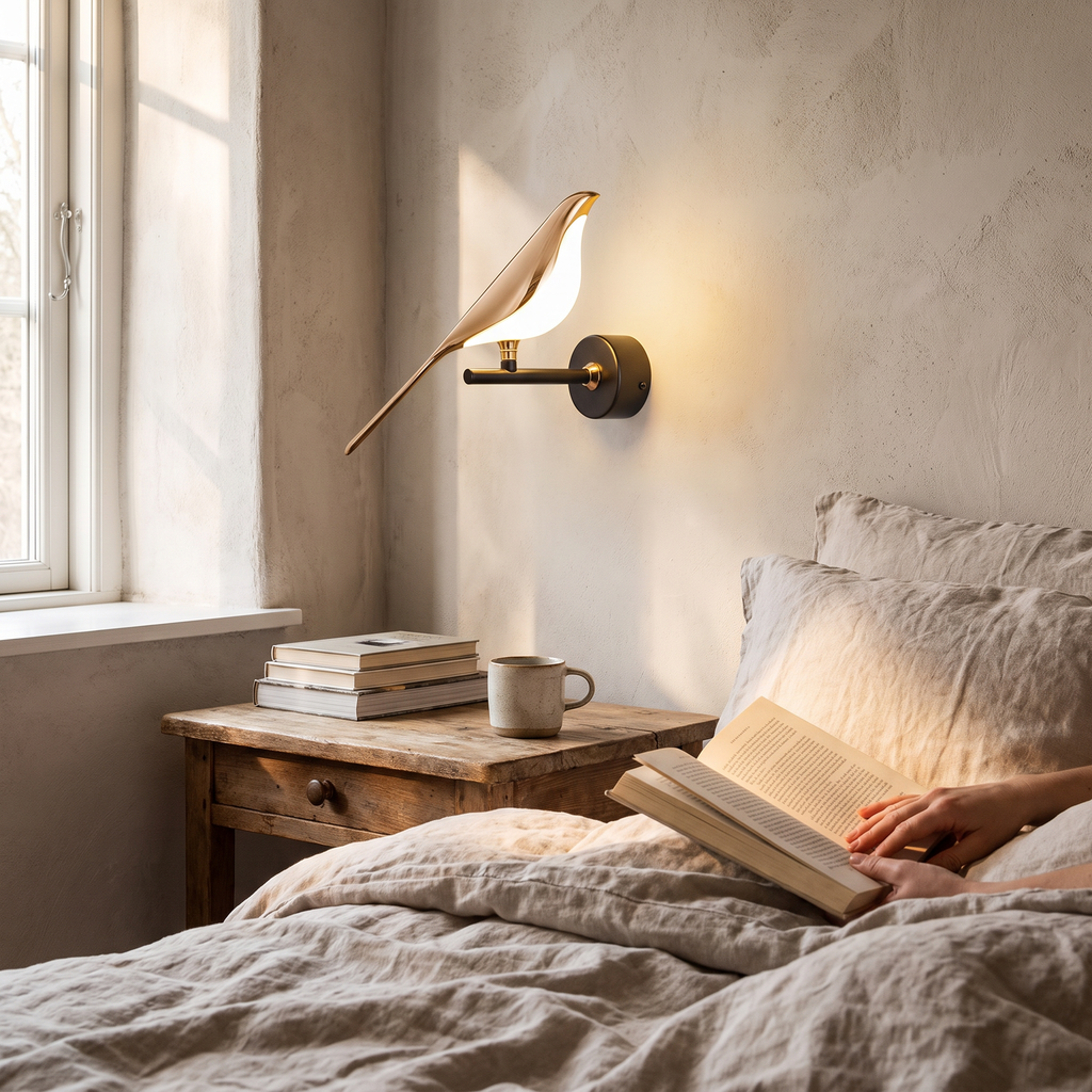 Magpie bird wall light in a lifestyle setting