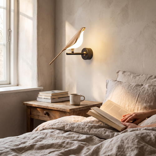 Magpie bird wall light in a lifestyle setting