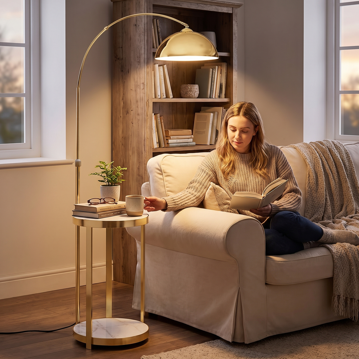 Floor lamp with drawer storage in a lifestyle setting
