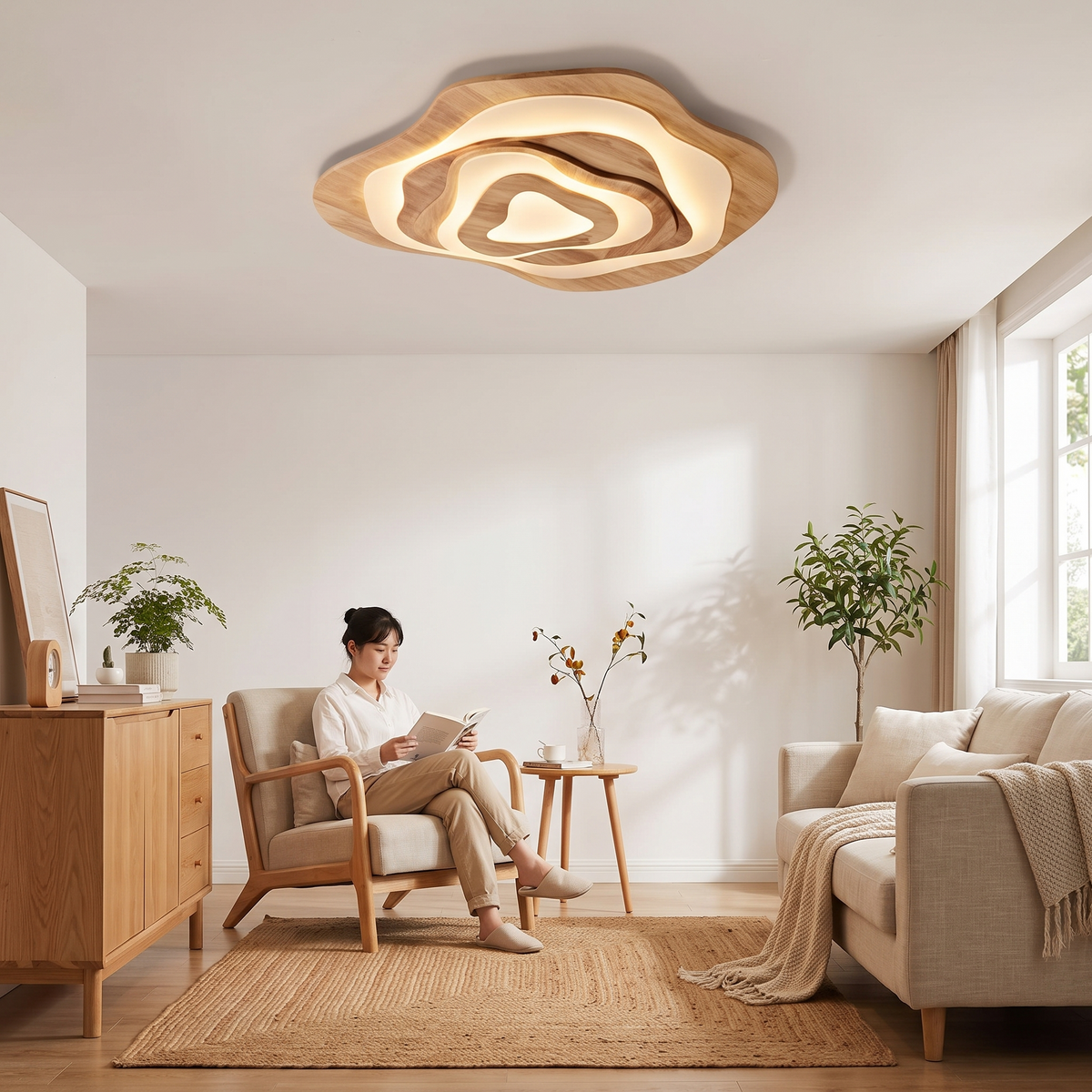 Wooden LED ceiling light in a lifestyle setting