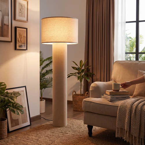 Tall fabric floor lamp in a lifestyle setting
