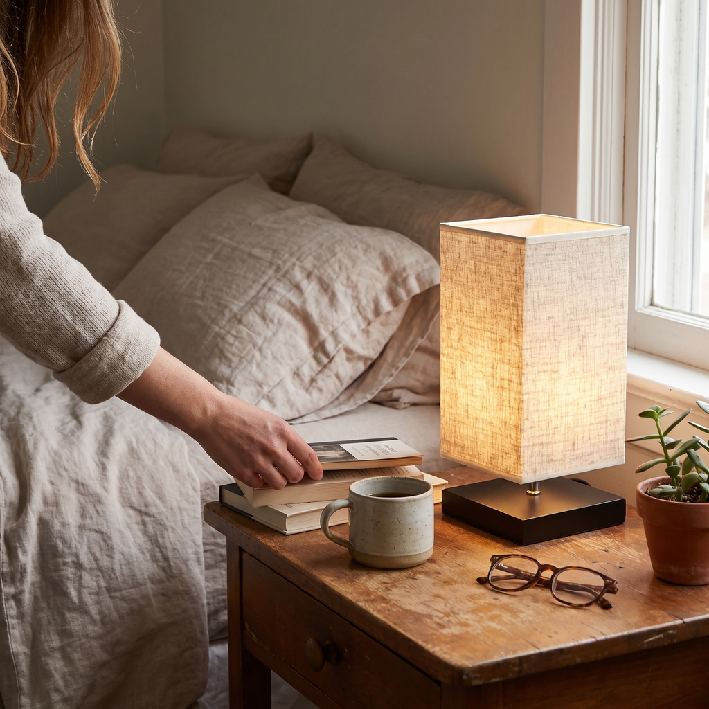 Pleated linen table lamp in a lifestyle setting