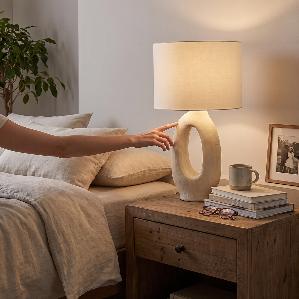 Wabi-sabi resin table lamp in a lifestyle setting