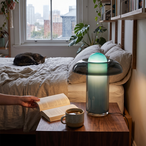 Artistic glass table lamp in a lifestyle setting