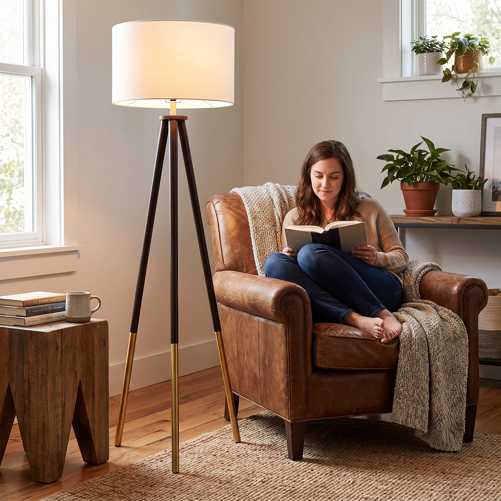 Tripod floor lamp in a lifestyle setting