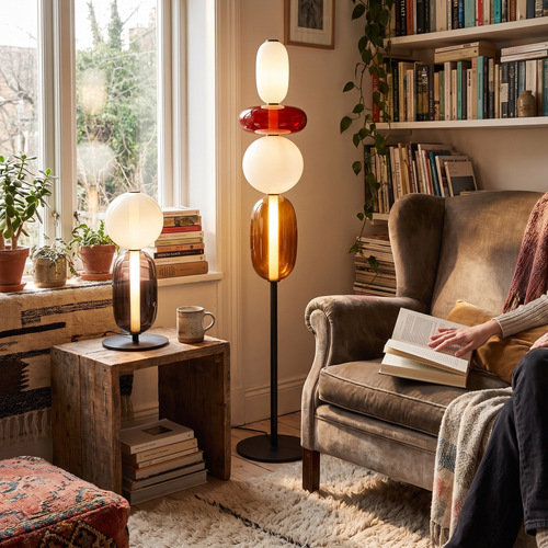Multi-head glass pendant light in a lifestyle setting