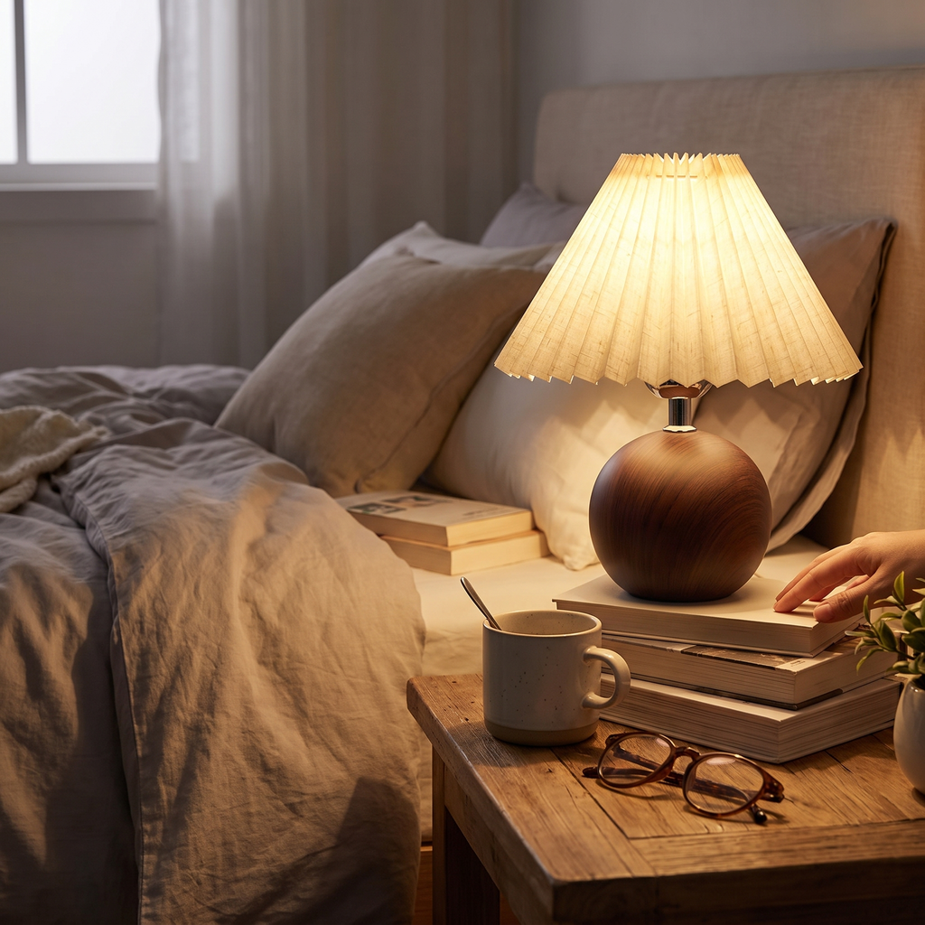 Ceramic bedside table lamp in a lifestyle setting