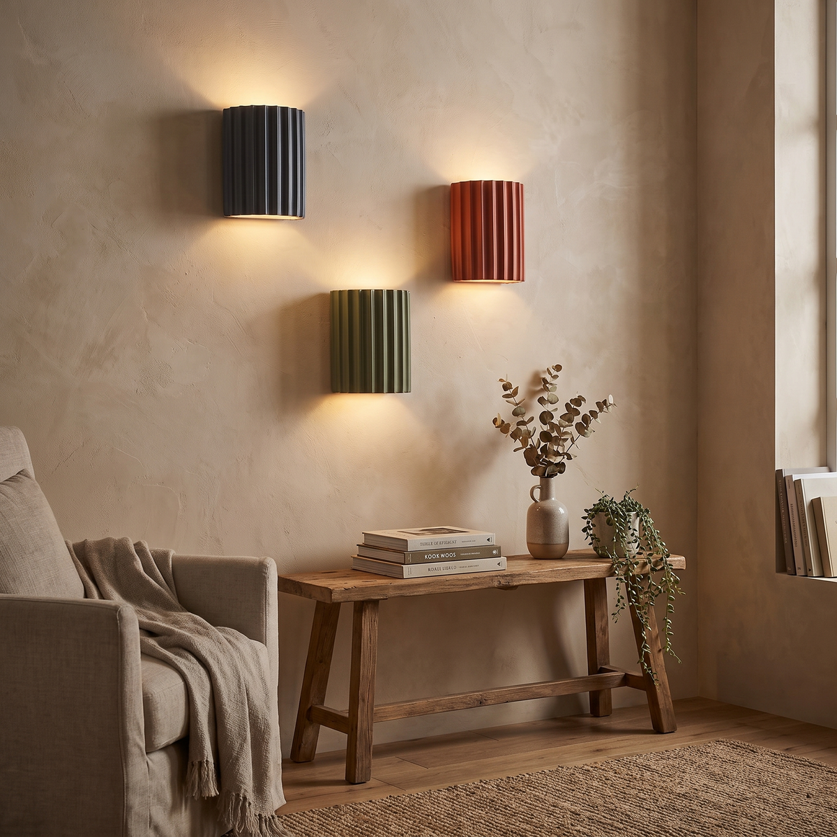 Sculpted resin LED wall light in a lifestyle setting