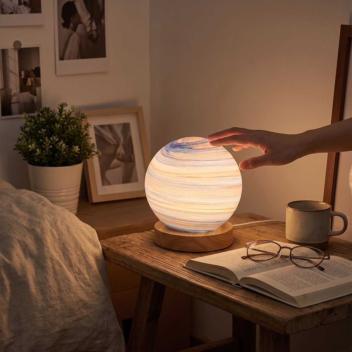 Moon projection table lamp in a lifestyle setting