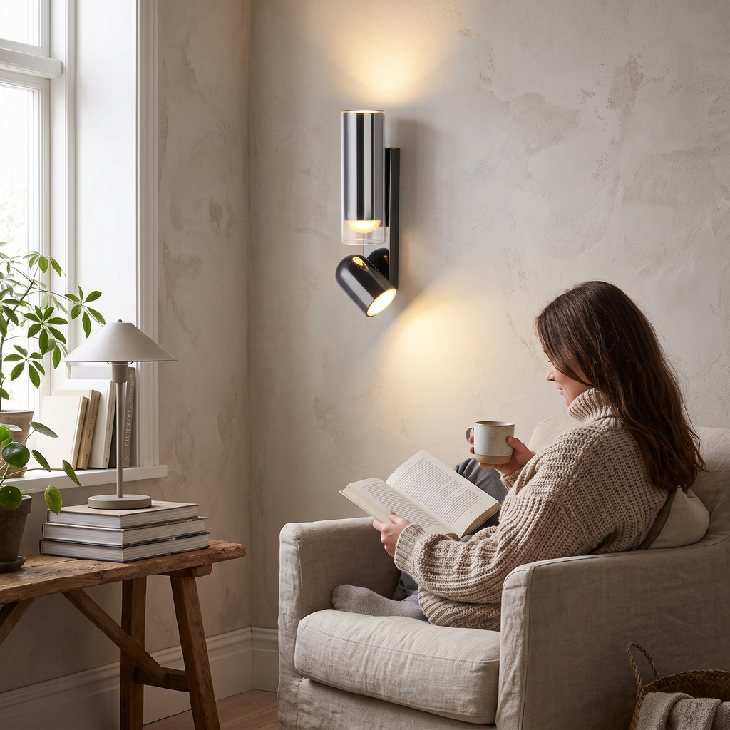 Rotating slim LED wall light in a lifestyle setting