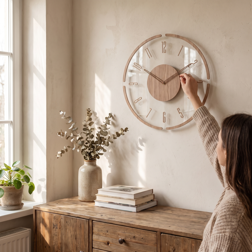 Wood dial wall clock in a lifestyle setting