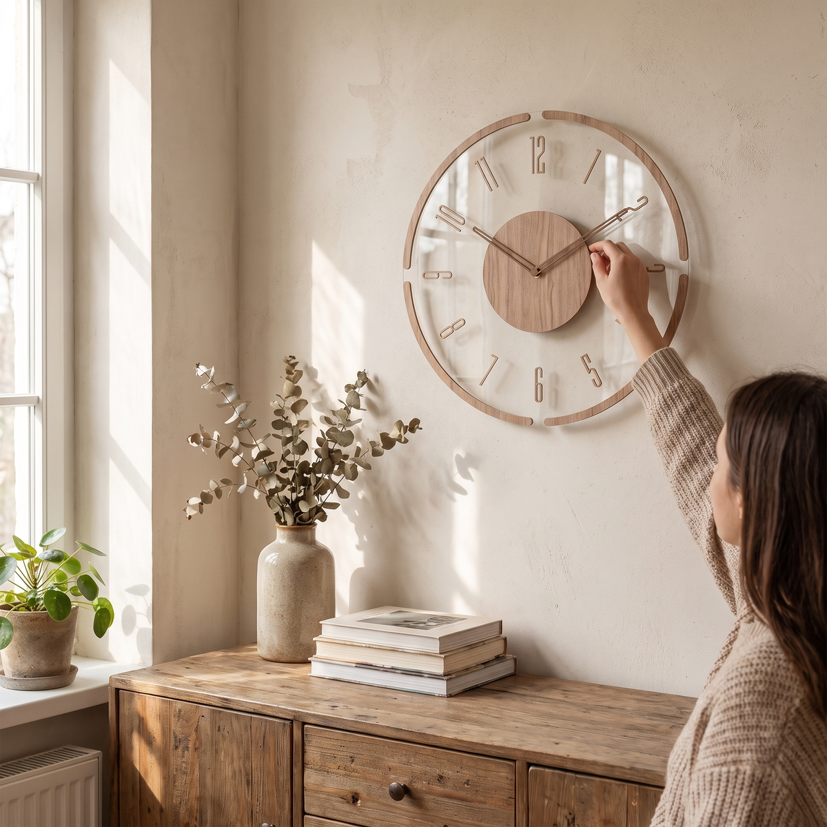 Wood dial wall clock in a lifestyle setting