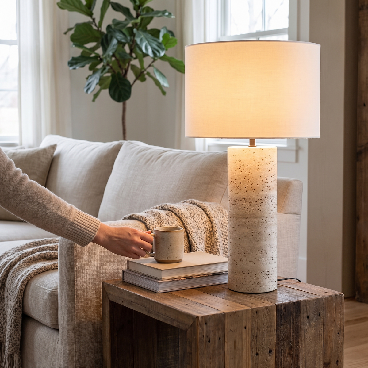 Cave stone table lamp in a lifestyle setting