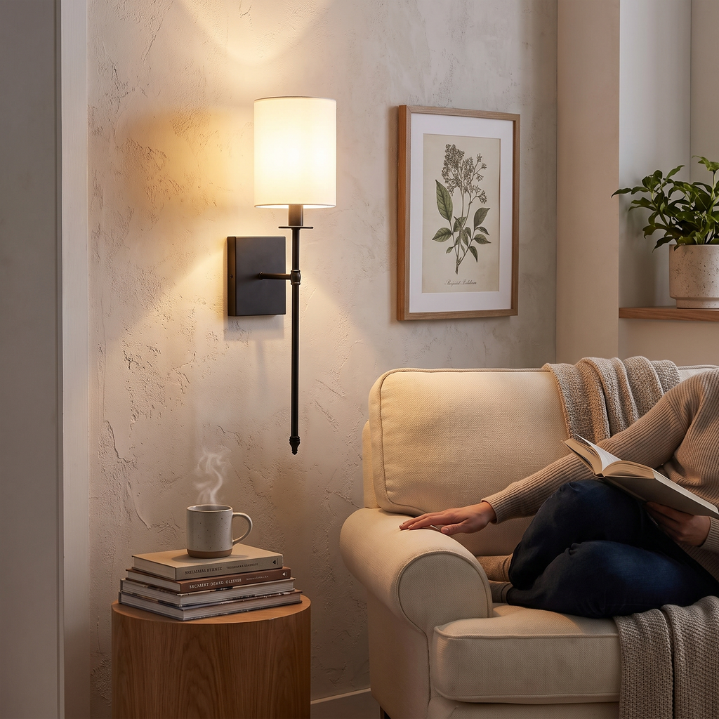 Wireless fabric wall light in a lifestyle setting