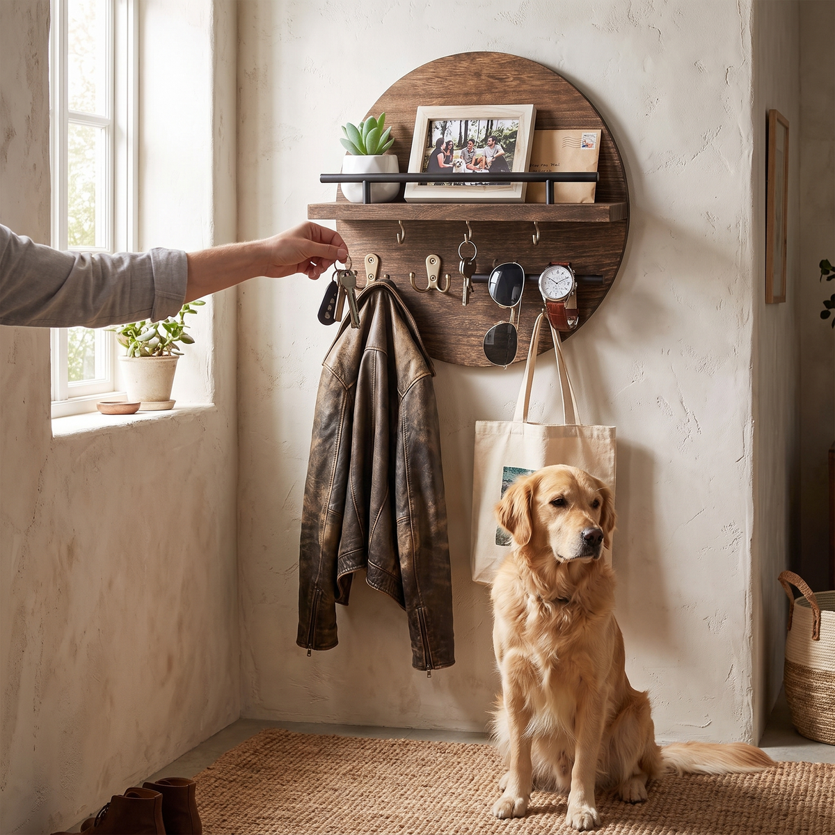 Round wooden wall shelf in a lifestyle setting