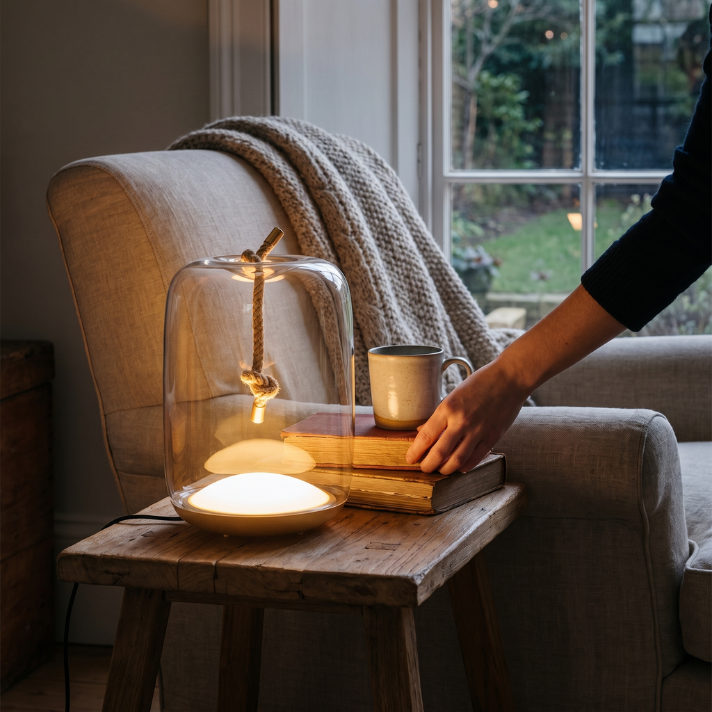 Hemp rope table lamp in a lifestyle setting