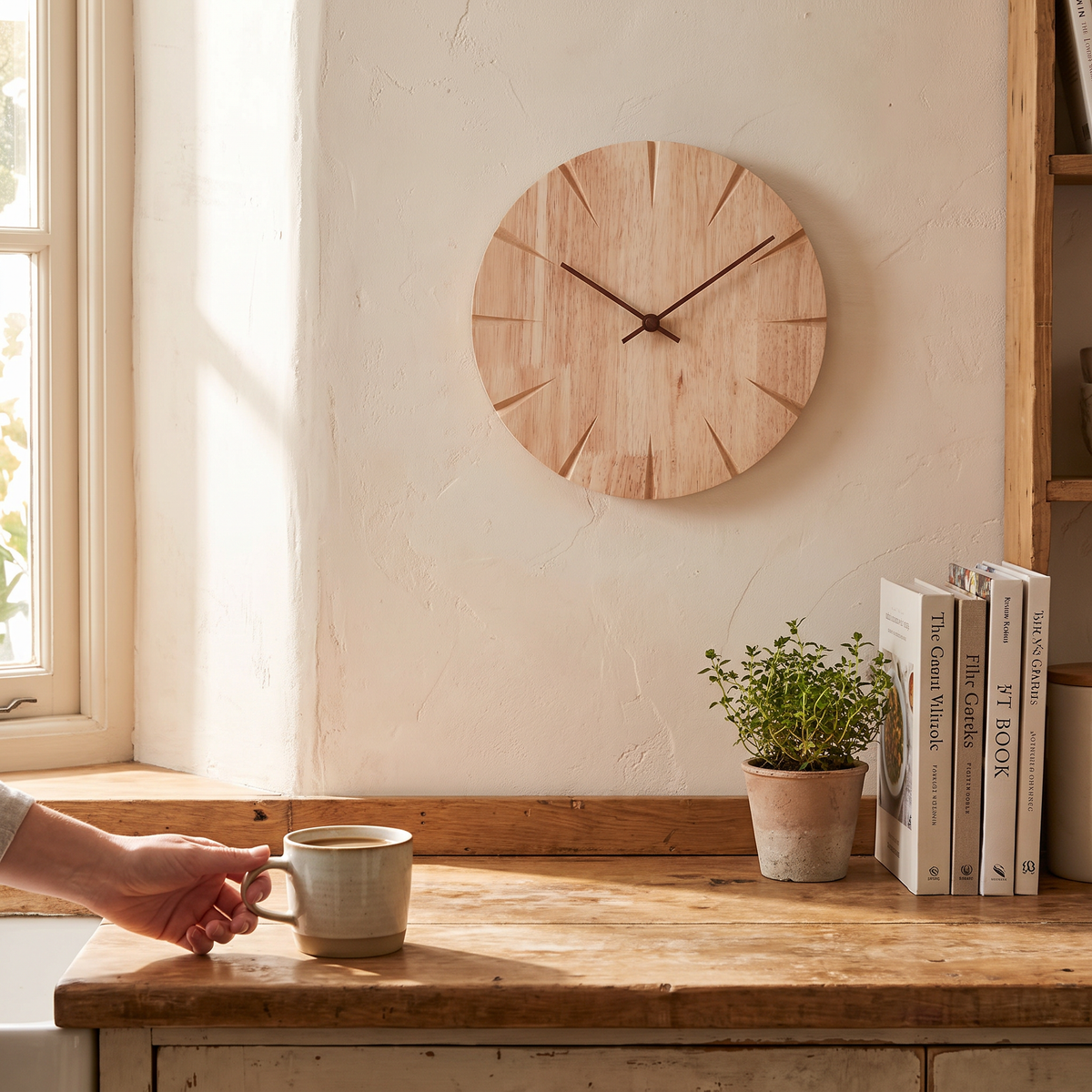 Nordic wood wall clock in a lifestyle setting