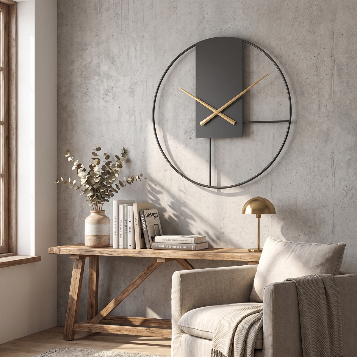 Large metal wall clock in a lifestyle setting