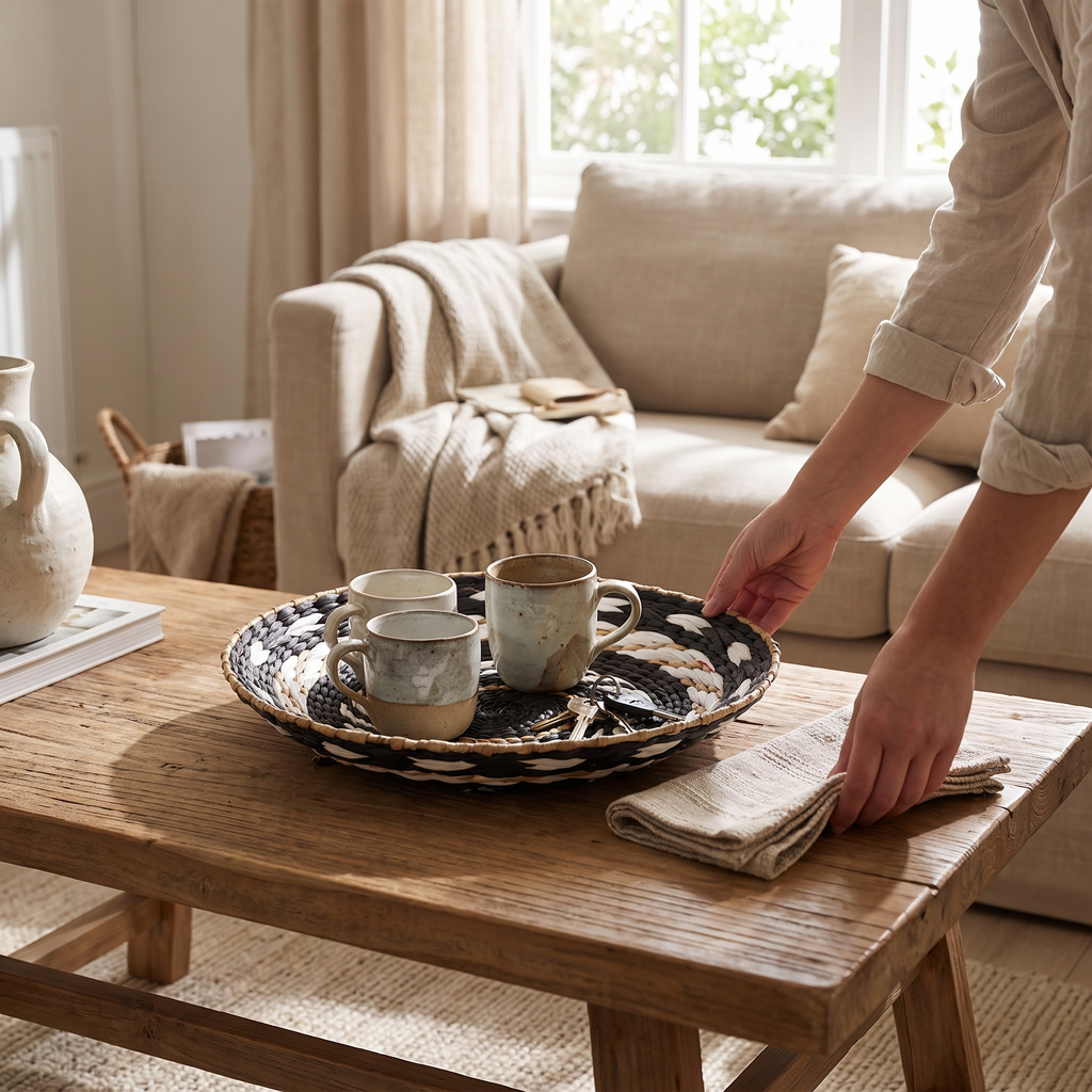 Woven straw wall decor in a lifestyle setting