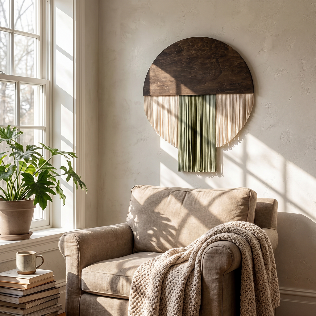 Round woven wall tapestry in a lifestyle setting
