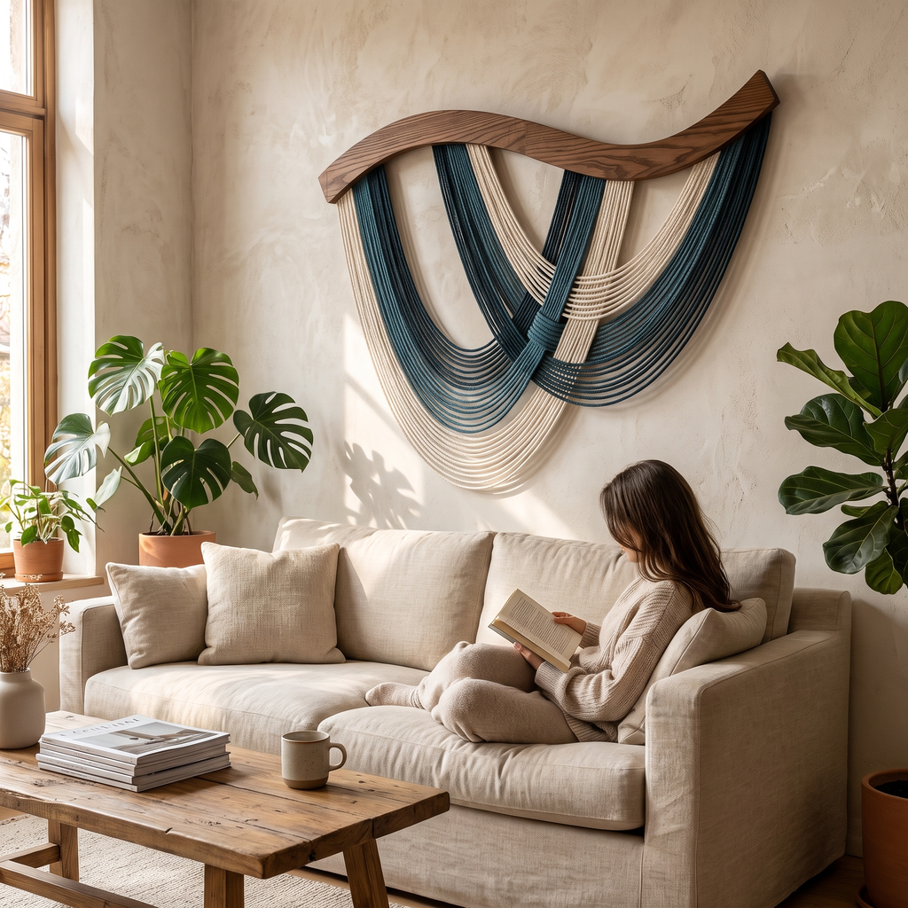 Cotton rope wall tapestry in a lifestyle setting