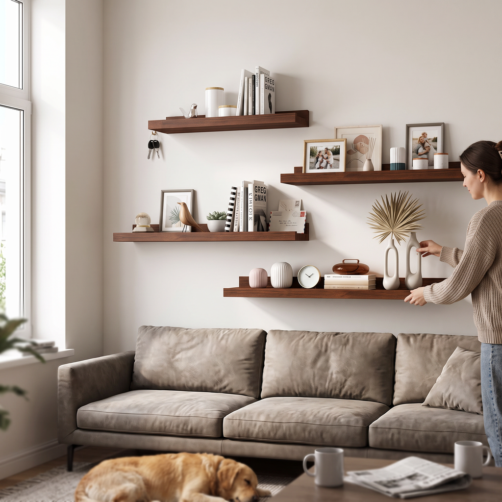 Slimline wood wall shelf in a lifestyle setting