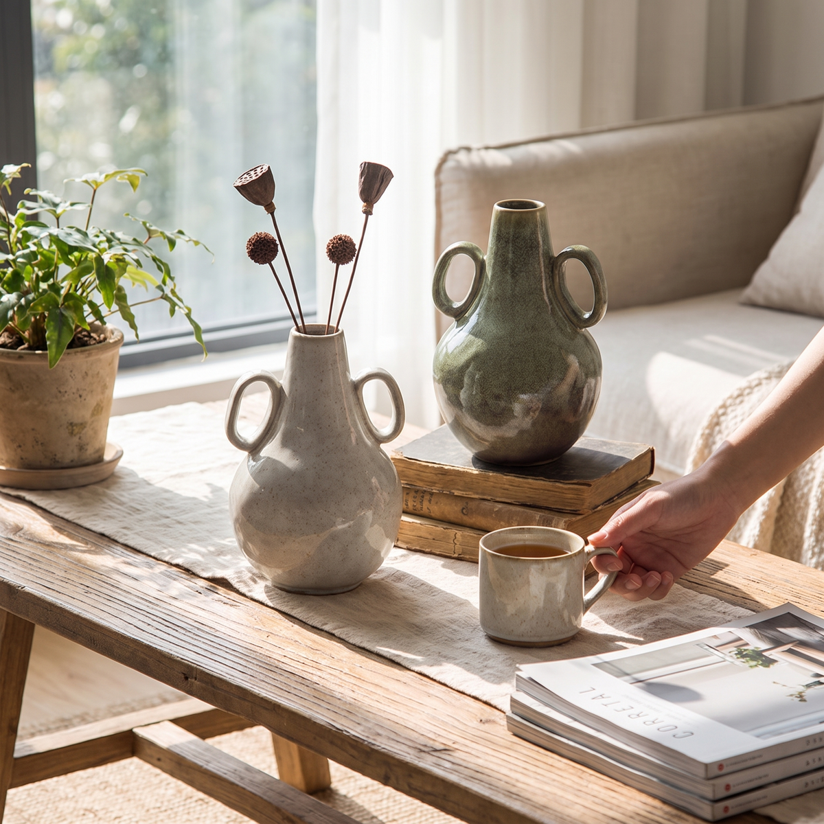 Glazed ceramic flower vase in a lifestyle setting