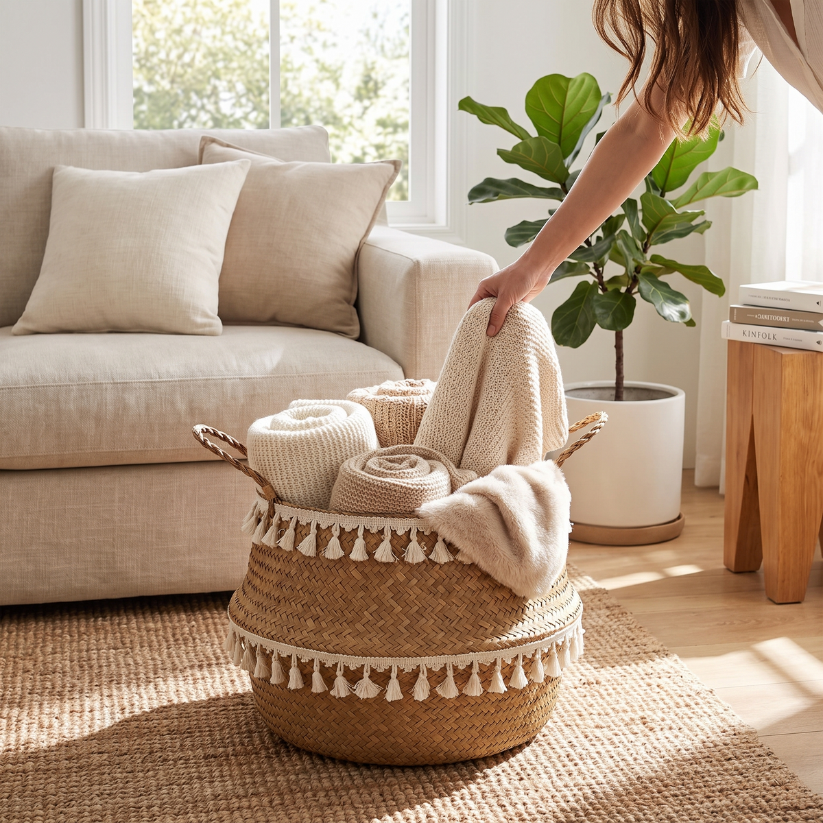 Woven straw plant pot basket in a lifestyle setting