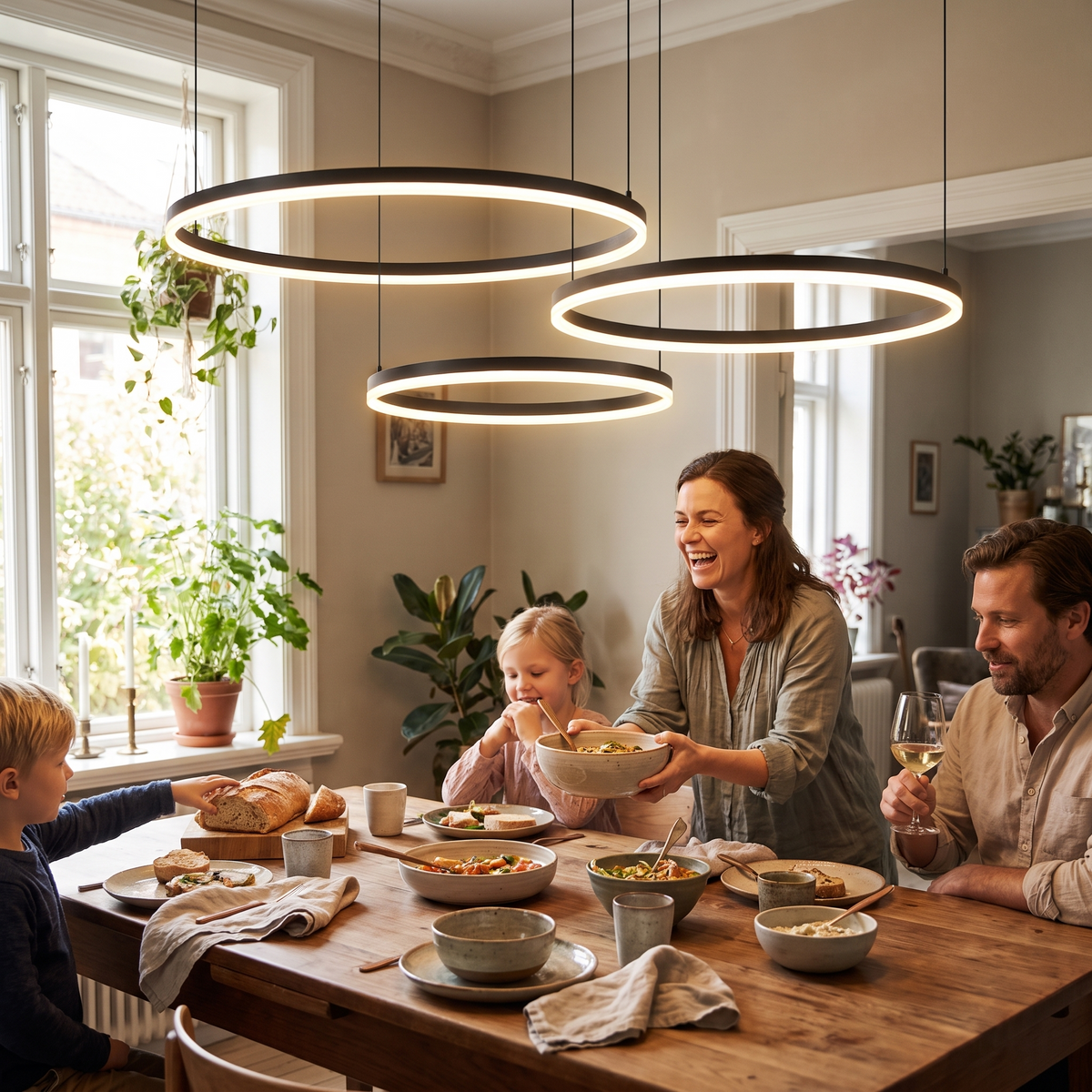 Multi-ring LED pendant light in a lifestyle setting