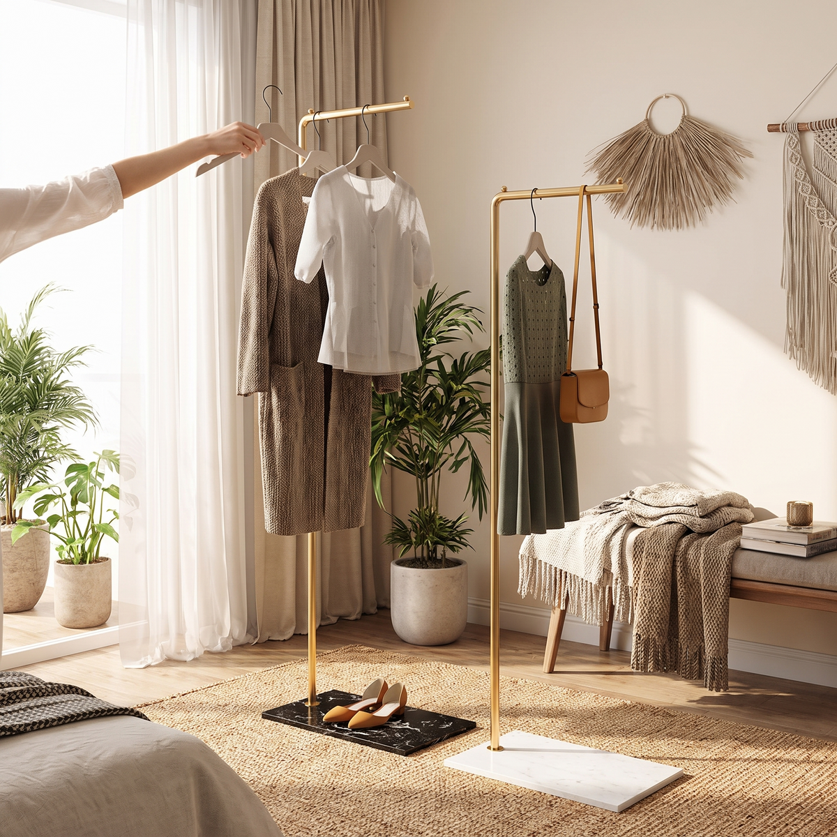 Freestanding metal coat rack in a lifestyle setting
