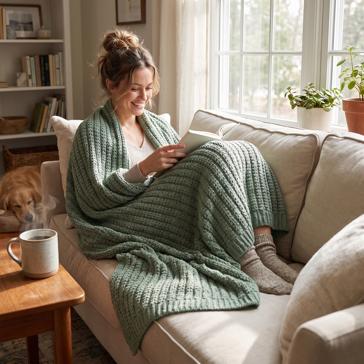 Chenille knitted blanket in a lifestyle setting
