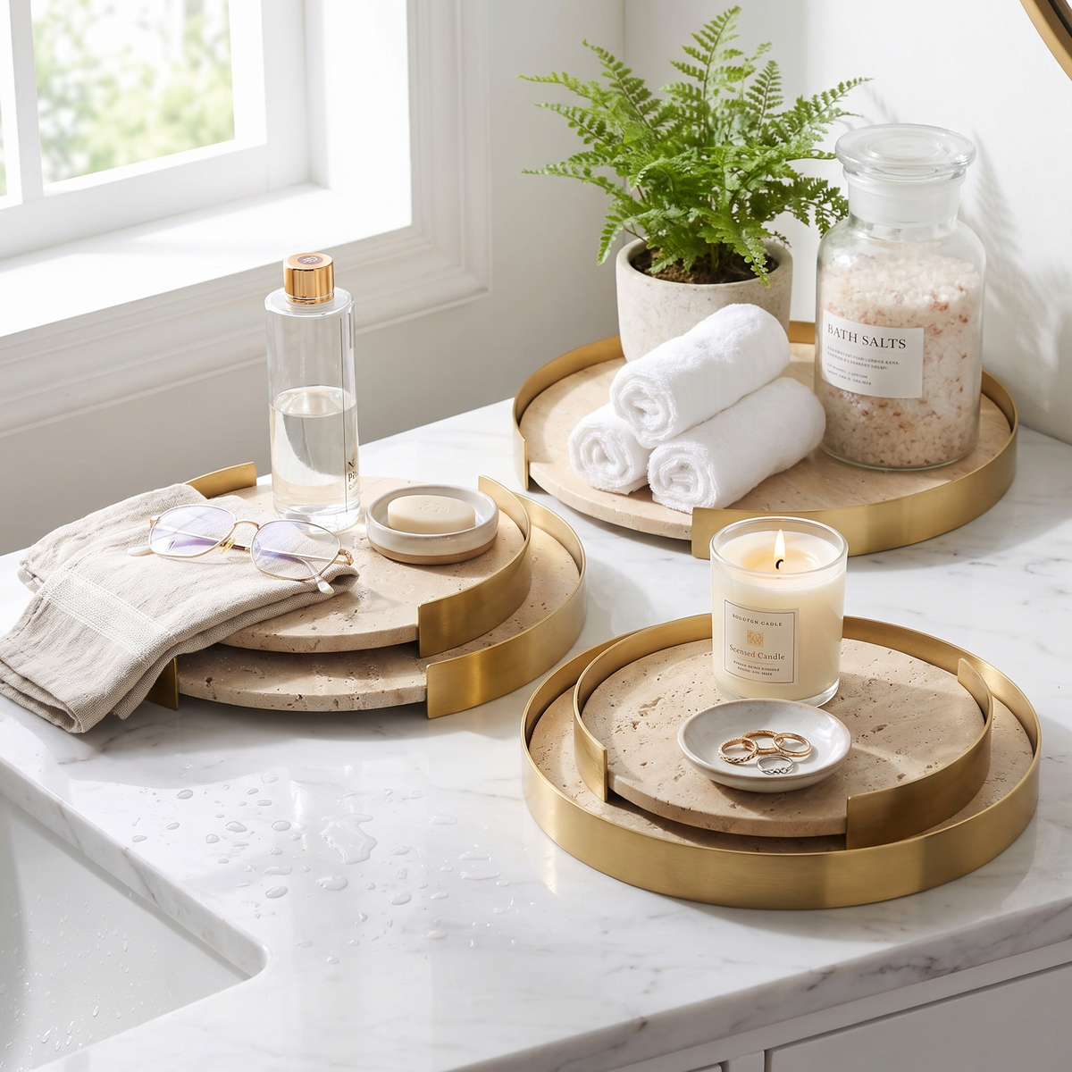 Round marble storage tray in a lifestyle setting