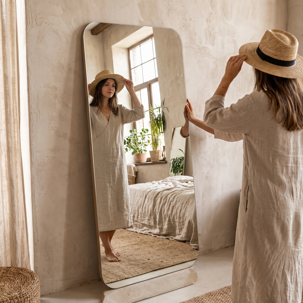 Self-adhesive acrylic wall mirror in a lifestyle setting