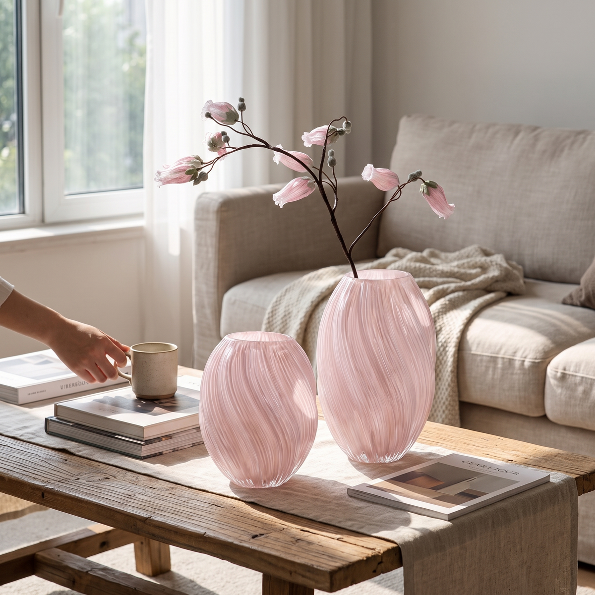 Luminous spiral glass vase in a lifestyle setting