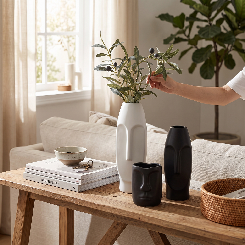 Face art ceramic vase in a lifestyle setting