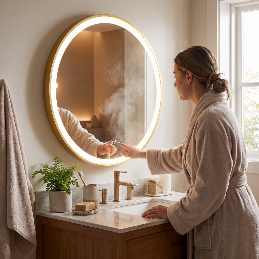 Round LED bathroom mirror in a lifestyle setting