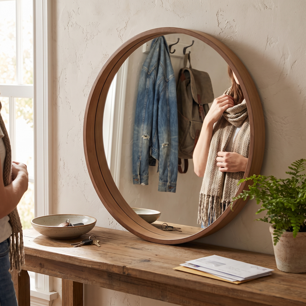 Solid wood round mirror in a lifestyle setting