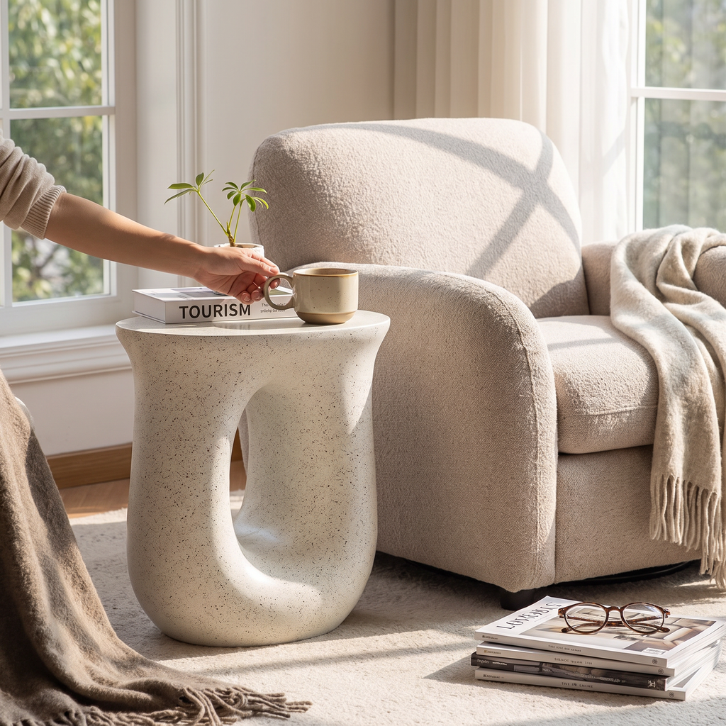 Cream marble side table in a lifestyle setting