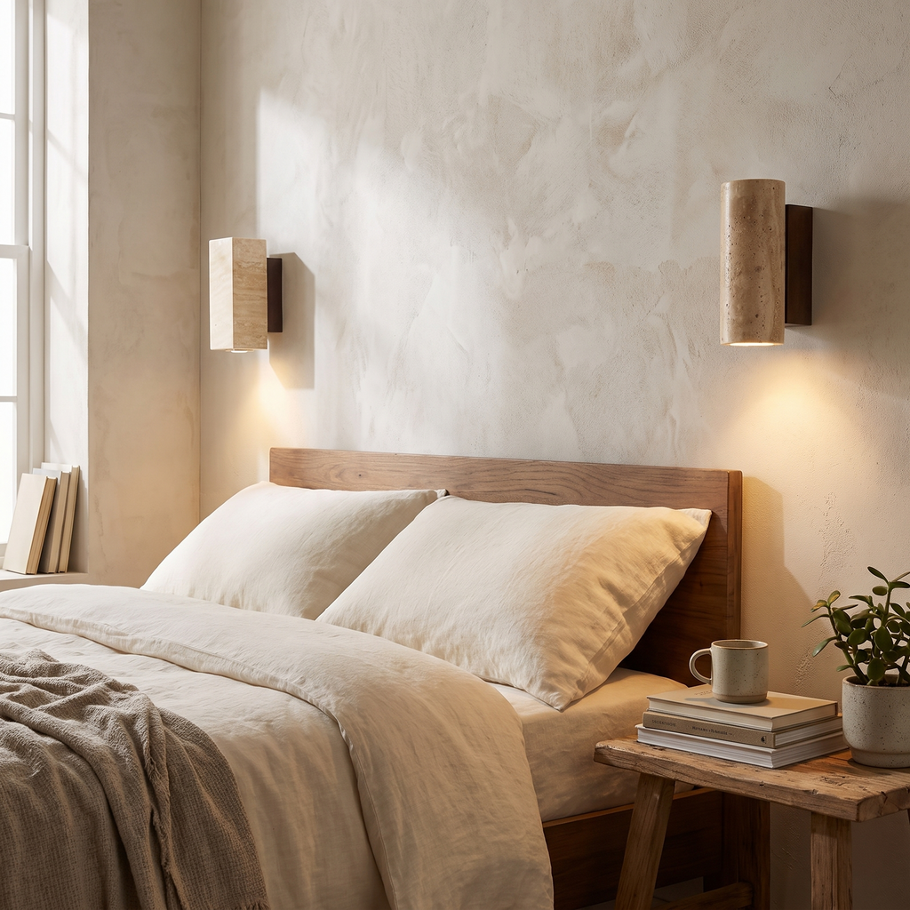Travertine stone LED wall light in a lifestyle setting