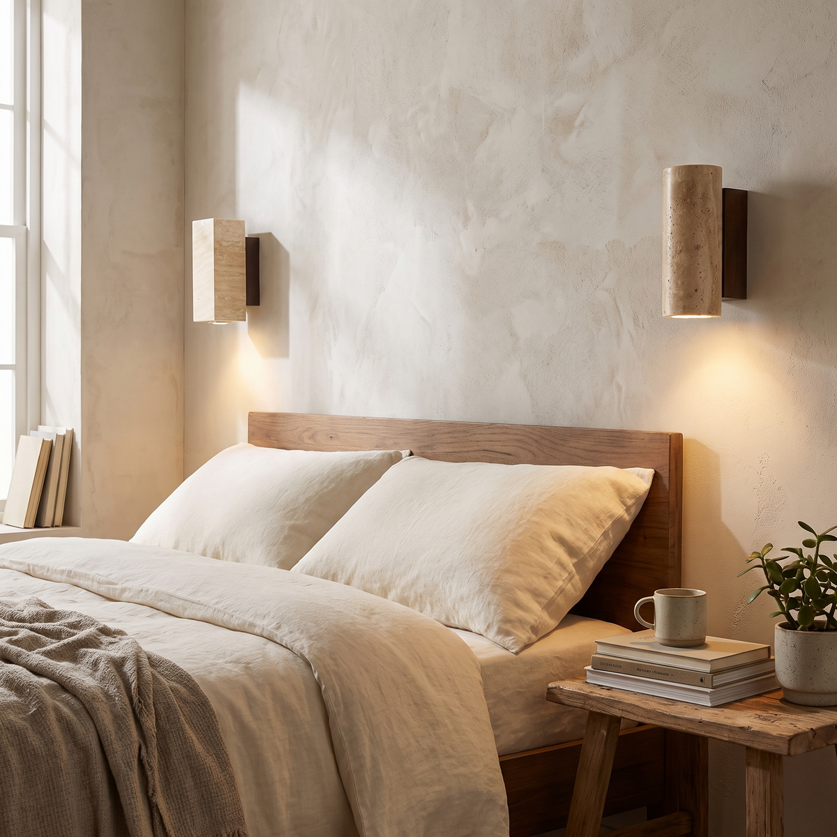 Travertine stone LED wall light in a lifestyle setting
