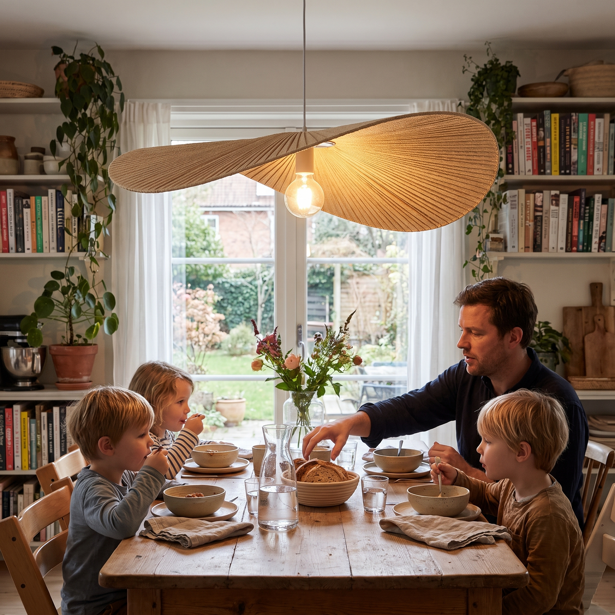 Handwoven rattan chandelier in a lifestyle setting