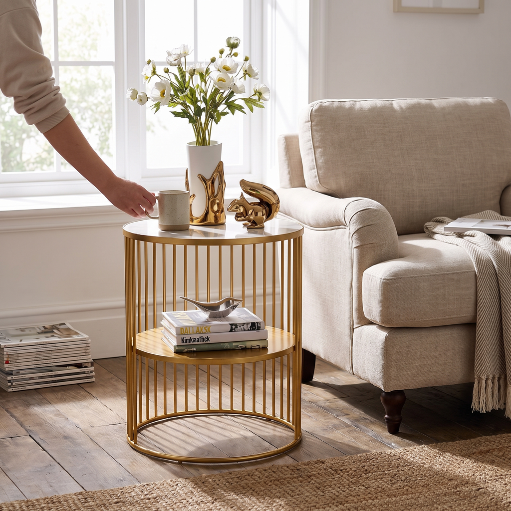 Slim marble top side table in a lifestyle setting