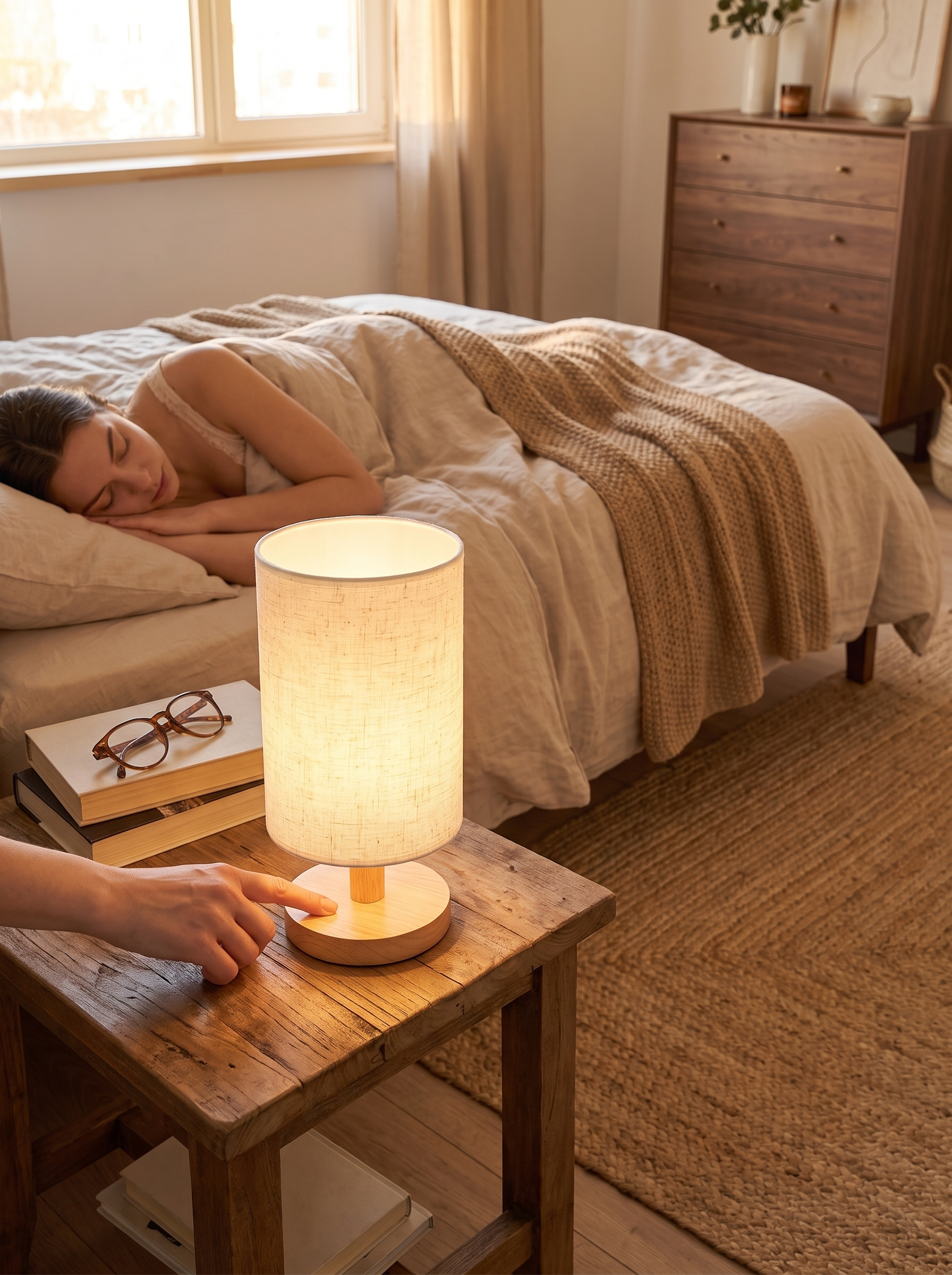 USB bedside lamp with a textured natural fibre shade
